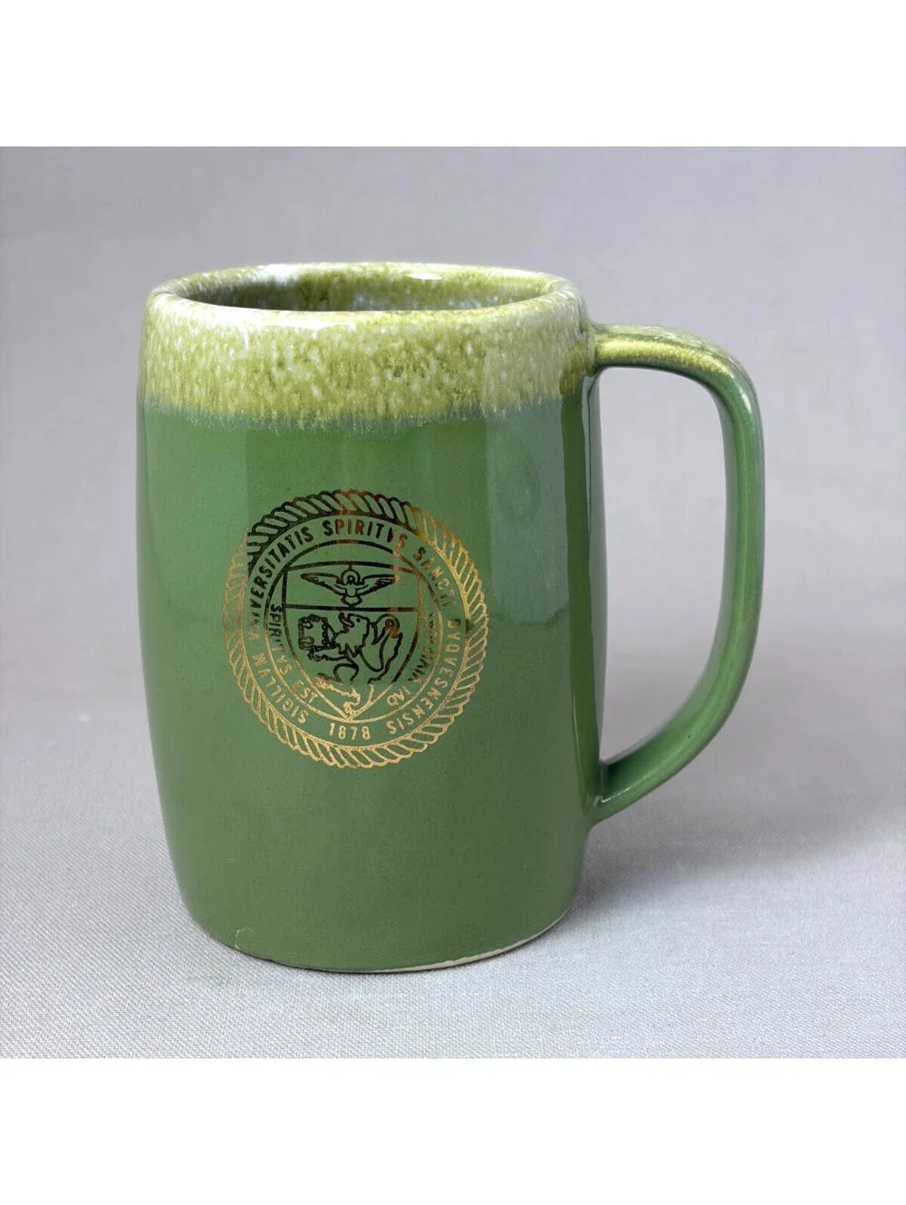 Vintage Duquesne University Seal Beer Stein Coffee Mug Green Drip Glaze Gold Cre